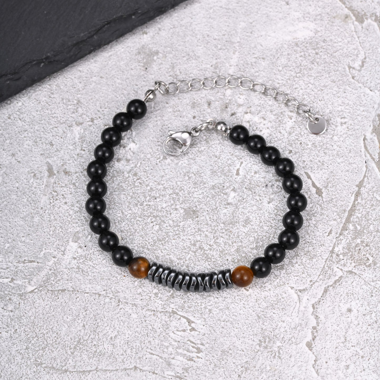 Kemston Stainless Steel Tiger Eye Beaded Bracelet for Men Black Onyx Hematite Stone Adjustable BR-2919