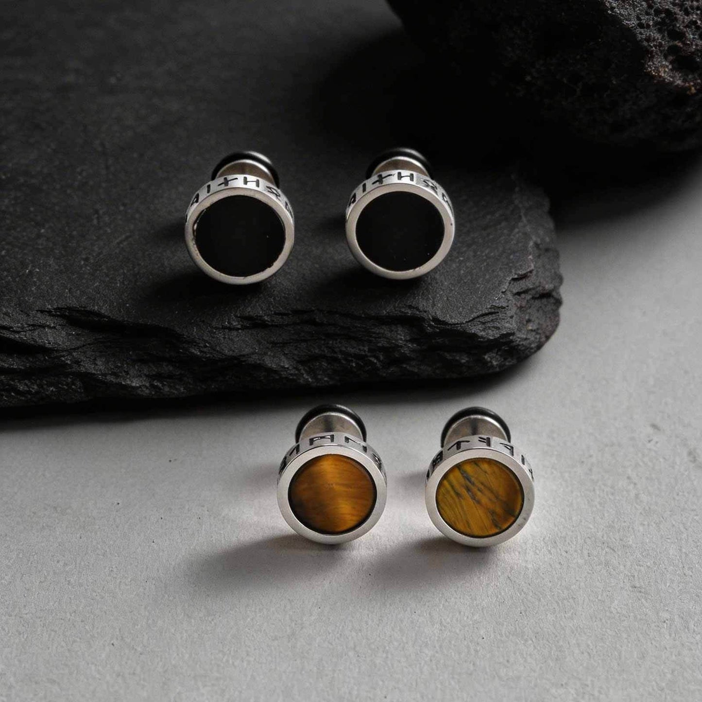 Kemstone Stainless Steel Tiger Eye Stud Earrings – Round Rune Edge Design for Men ES-784