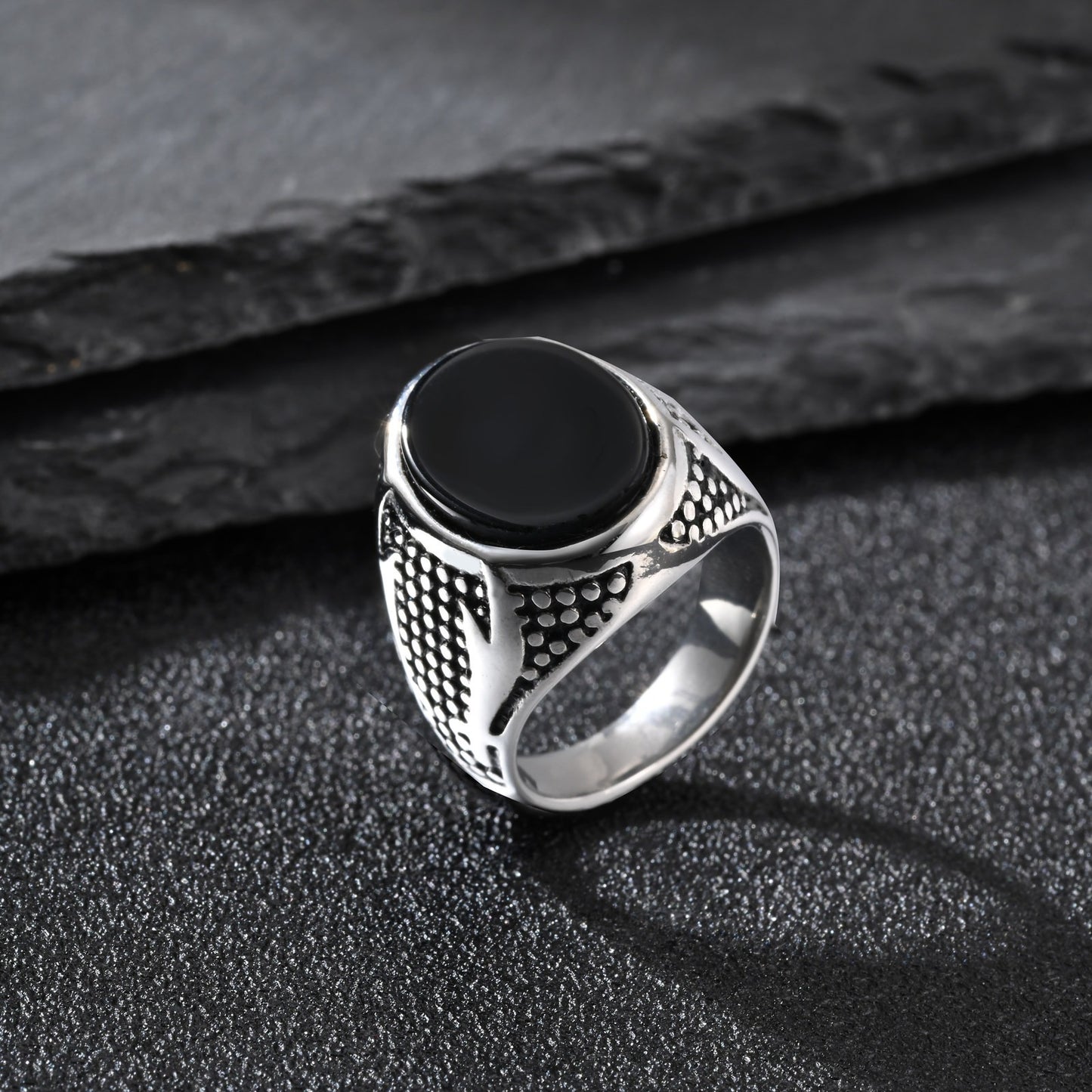 Kemstone Double Sword Black Stone Signet Ring for Men – Stainless Steel Vintage Relief RC-1028
