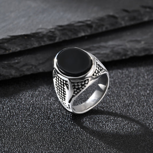 Kemstone Double Sword Black Stone Signet Ring for Men – Stainless Steel Vintage Relief RC-1028