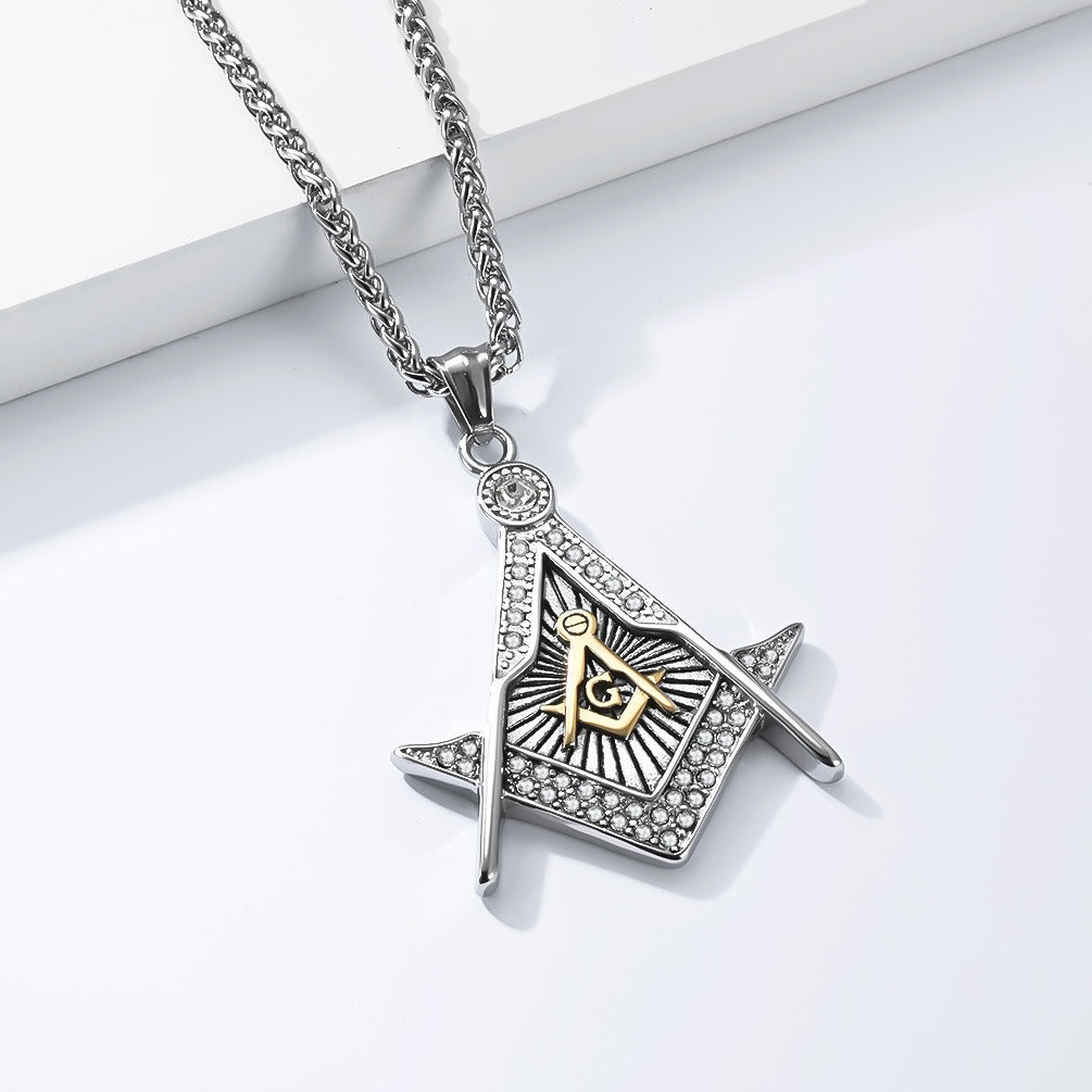 Kemstone Geometric Compass Pendant Necklace for Men Stainless Steel Stone Detail K-PT717