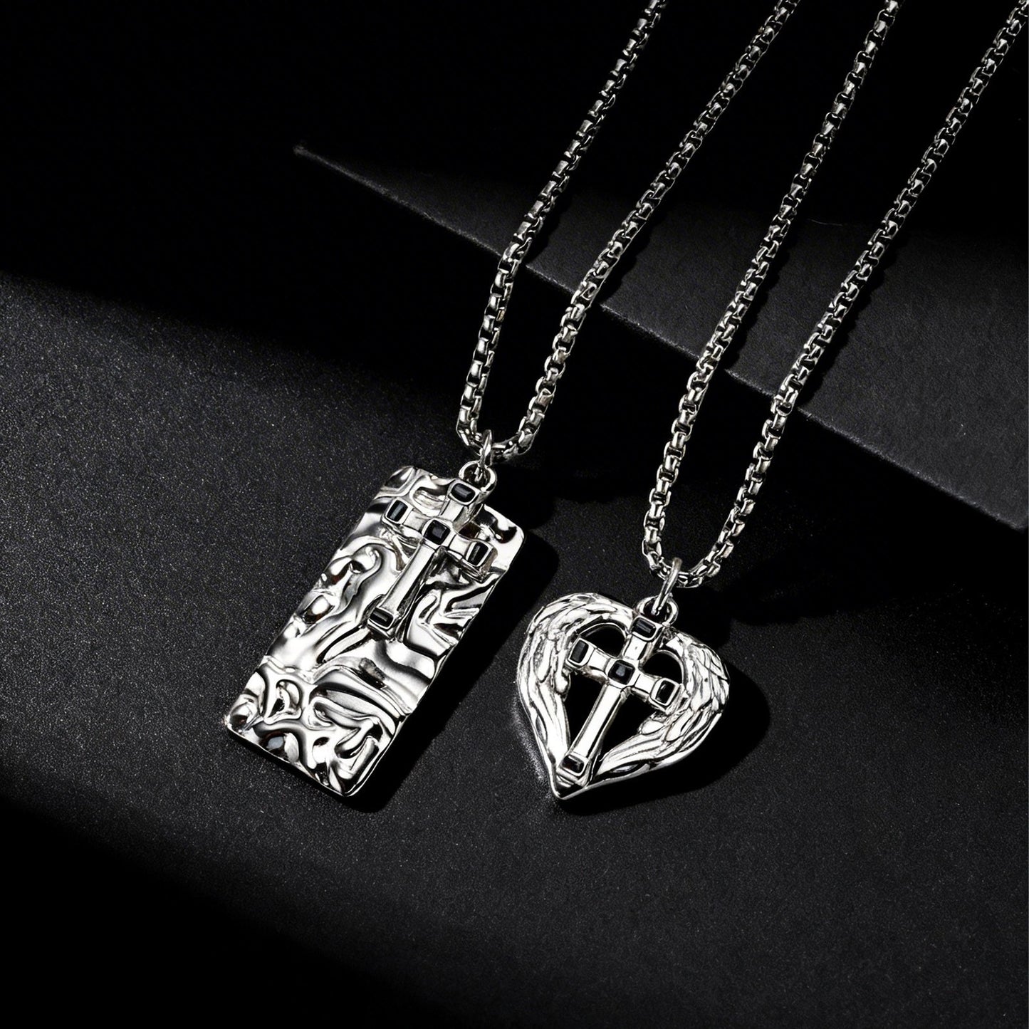 Kemstone Stainless Steel Cross Pendant Necklace for Men Women Textured Heart PN-2275