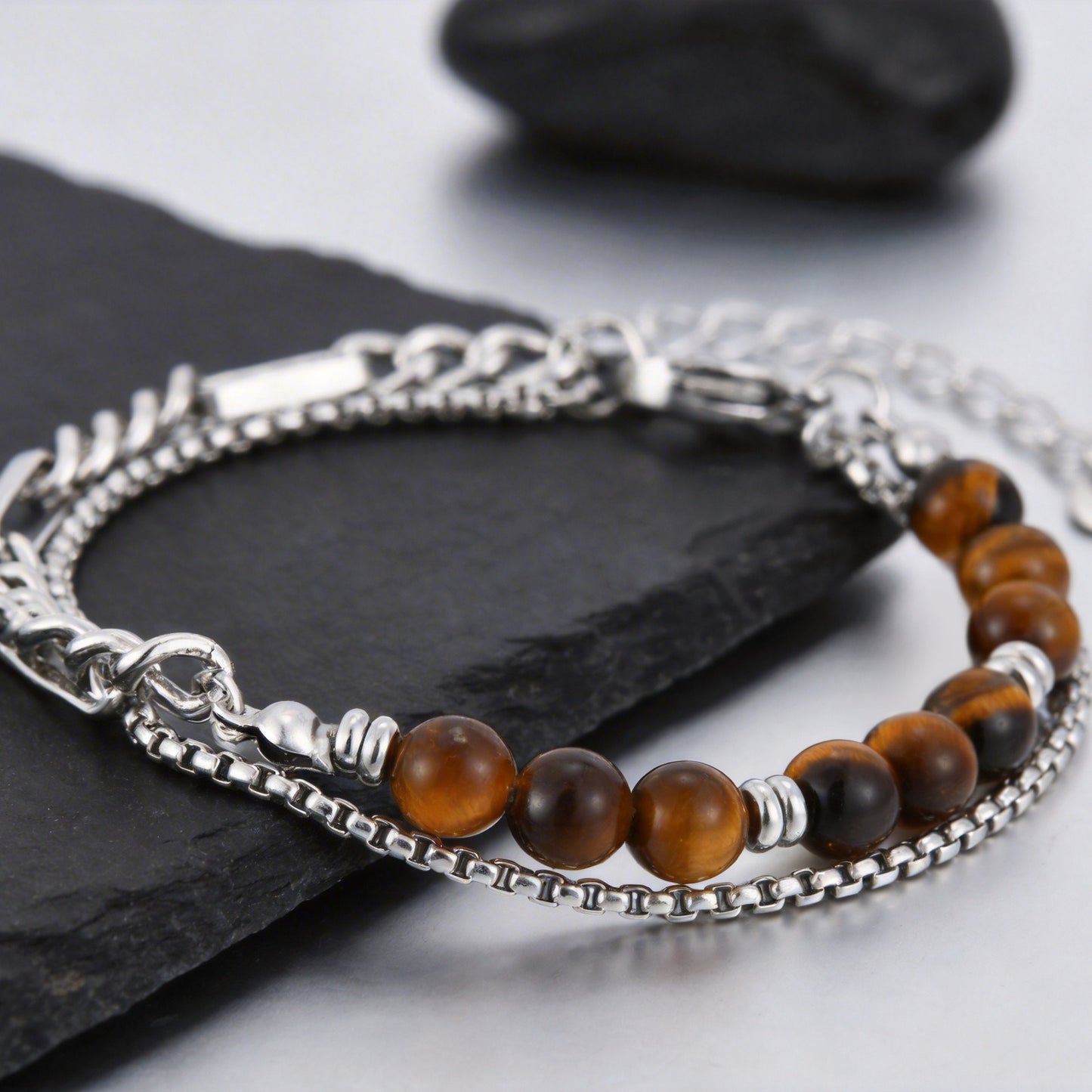 Kemstone Tiger Eye Beaded Bracelet for Men Stainless Steel Layered Chain BR-2922
