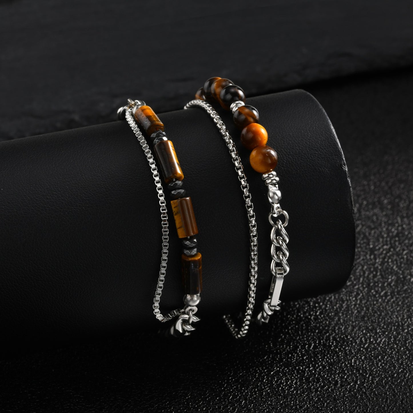 Kemstone Tiger Eye Beaded Bracelet for Men Stainless Steel Layered Chain BR-2922