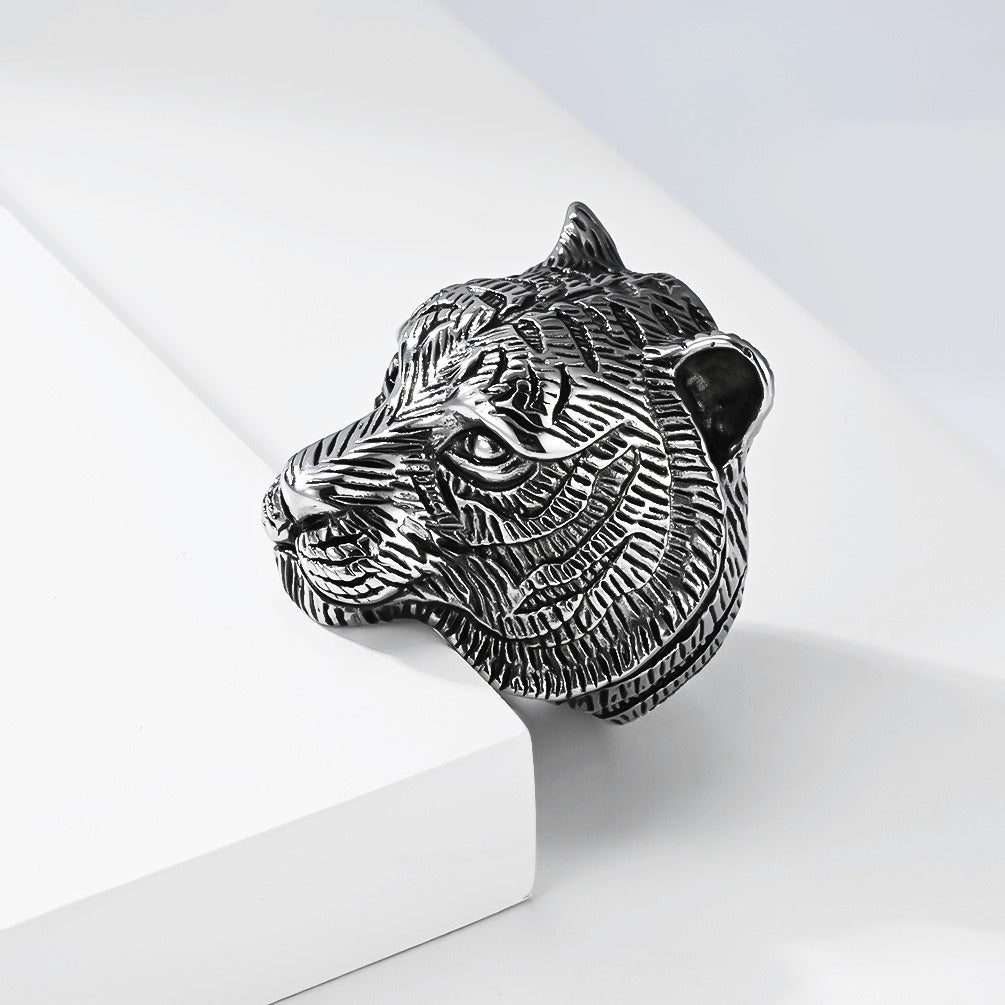 Kemstone Stainless Steel Tiger Head Ring – Vintage Chunky Style for Men K-R1149