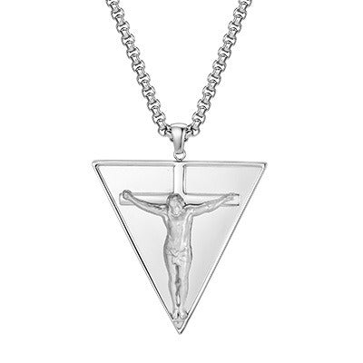 Kemstone Triangle Cross Pendant Necklace Stainless Steel Punk Style for Men Silver PN-2349S