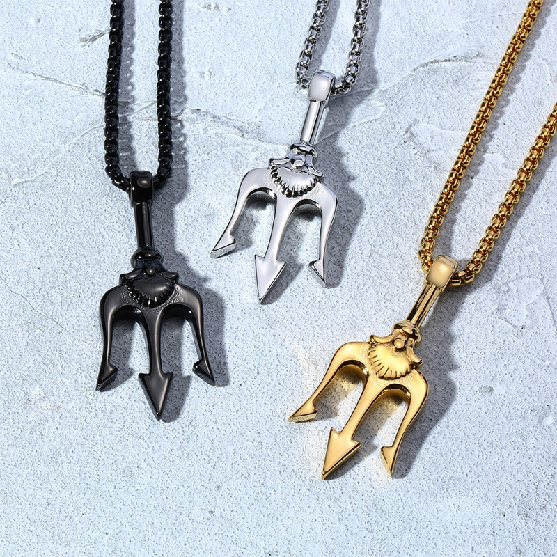 Kemstone Trident Pendant Necklace for Men Stainless Steel Vertical Symbol Gold Silver Black PN-1176