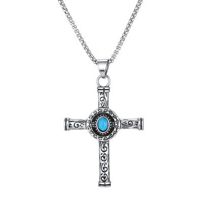 Kemstone Stainless Steel Turquoise Cross Necklace for Men Scrollwork PN-2459