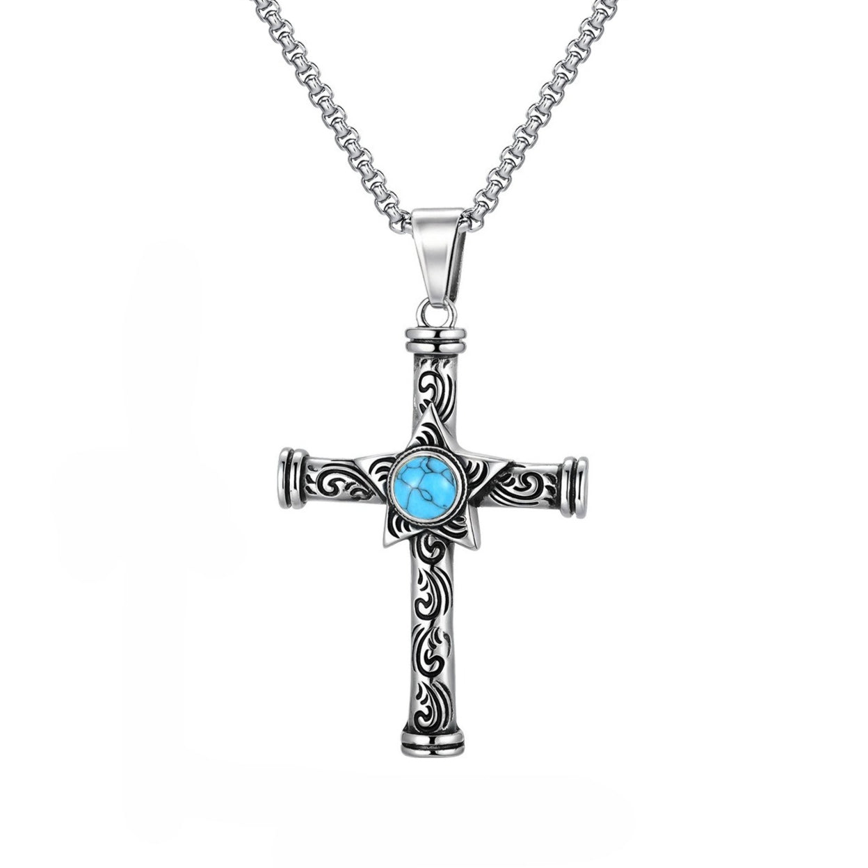 Kemstone Stainless Steel Cross Pendant Necklace Men’s Turquoise Star PN-2235