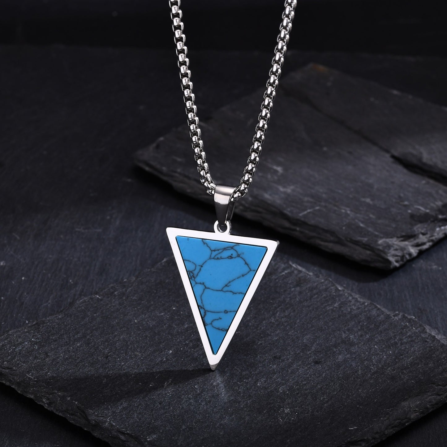 Kemstone Stainless Steel Turquoise Triangle Pendant Necklace – Geometric Stone Charm for Men PN-2023