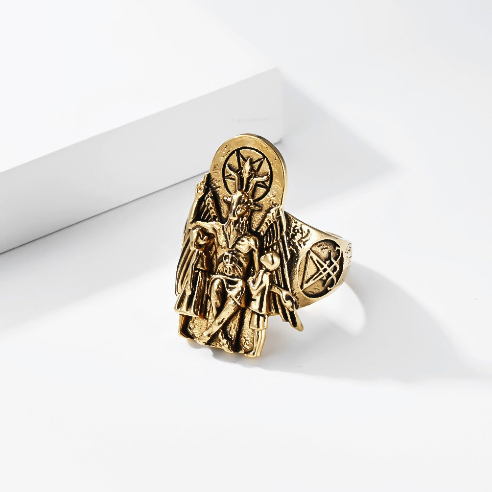 Kemstone Stainless Steel Goat Head Signet Ring – Gothic Vintage Style for Men K-R1154