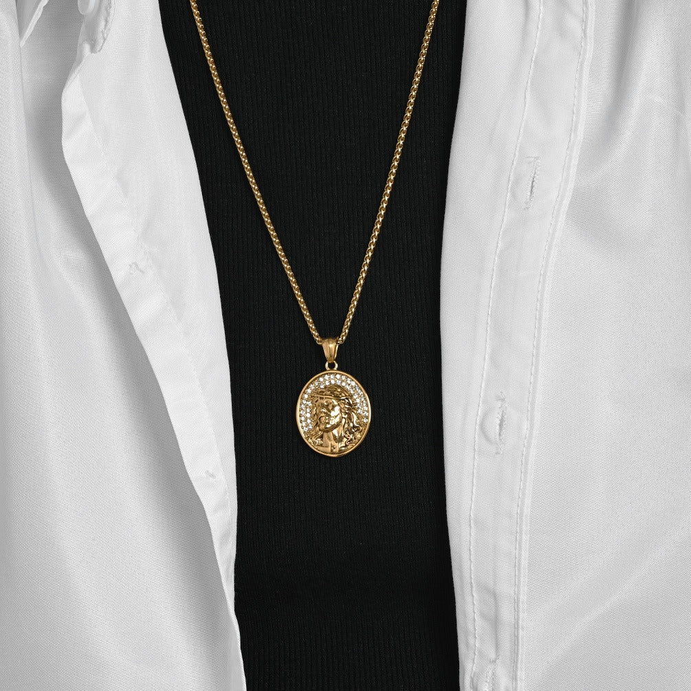Kemston Stainless Steel Oval Portrait Pendant Necklace for Men Vintage Thorn Detail K-PT730