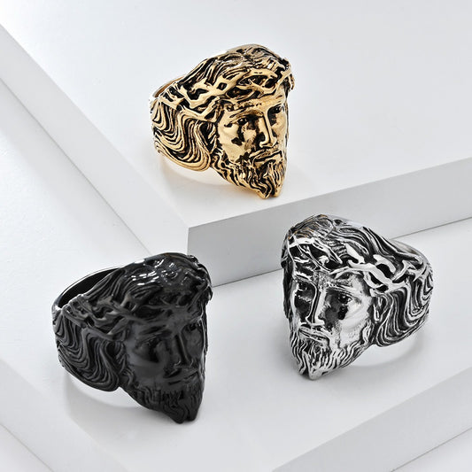 Kemstone Stainless Steel Vintage Portrait Ring for Men Sculpted Face Design K-R942