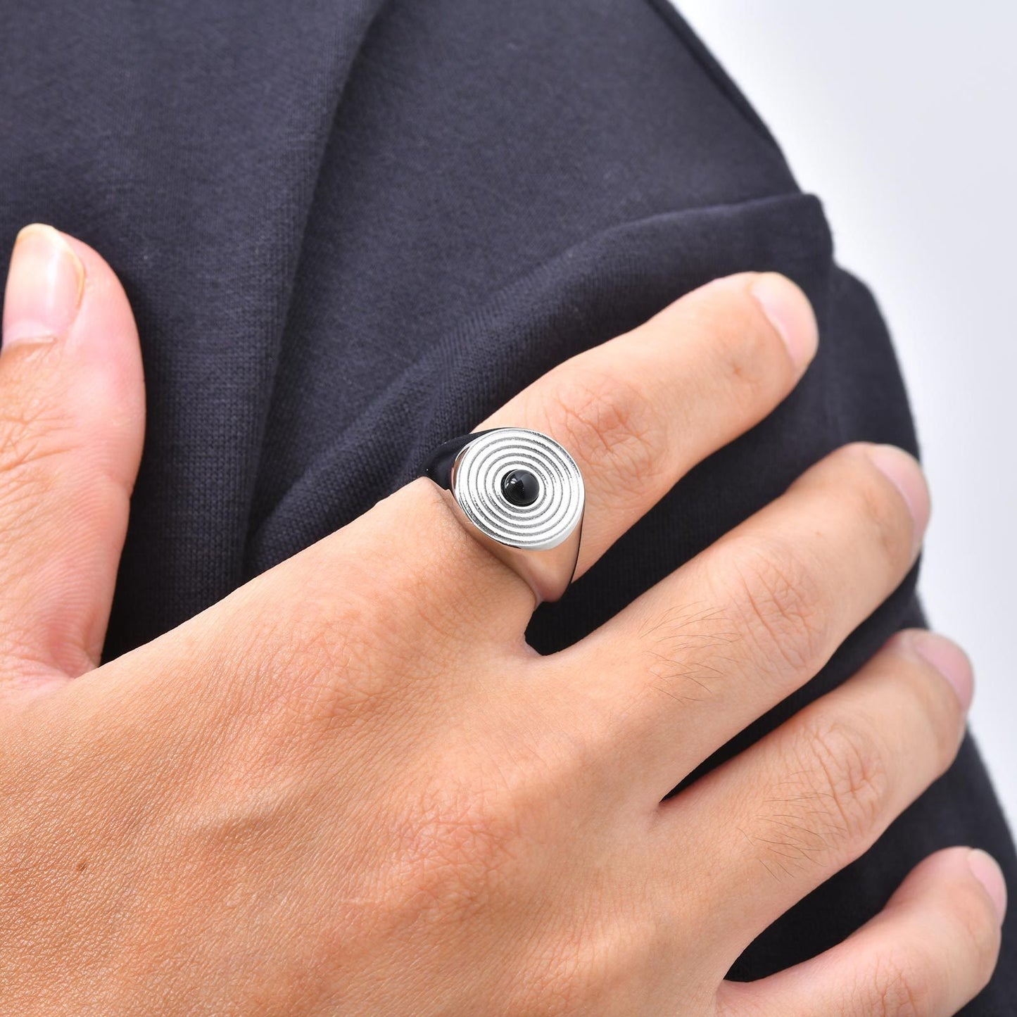 Kemstone Stainless Steel Black Stone Signet Ring for Men Concentric Pattern Vintage RC1108