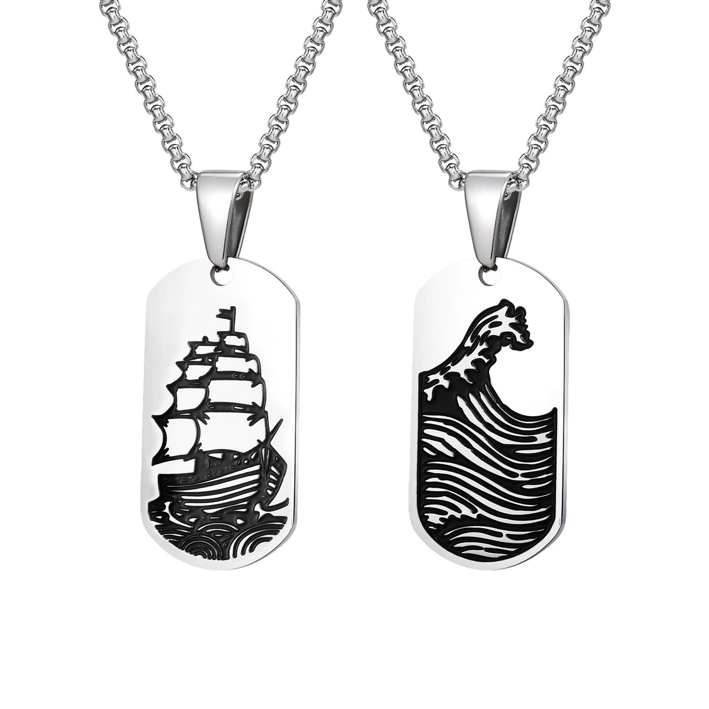 Stainless Steel Wave Tag Necklace – Black Etched Sailboat Pendant for Men PN-2168