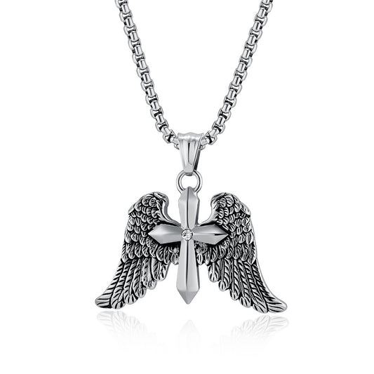 Kemstone  Meta Description Winged Cross Stainless Steel Pendant Necklace for Men – Punk Hip Hop Style, Silver Gold Black  K-PT573