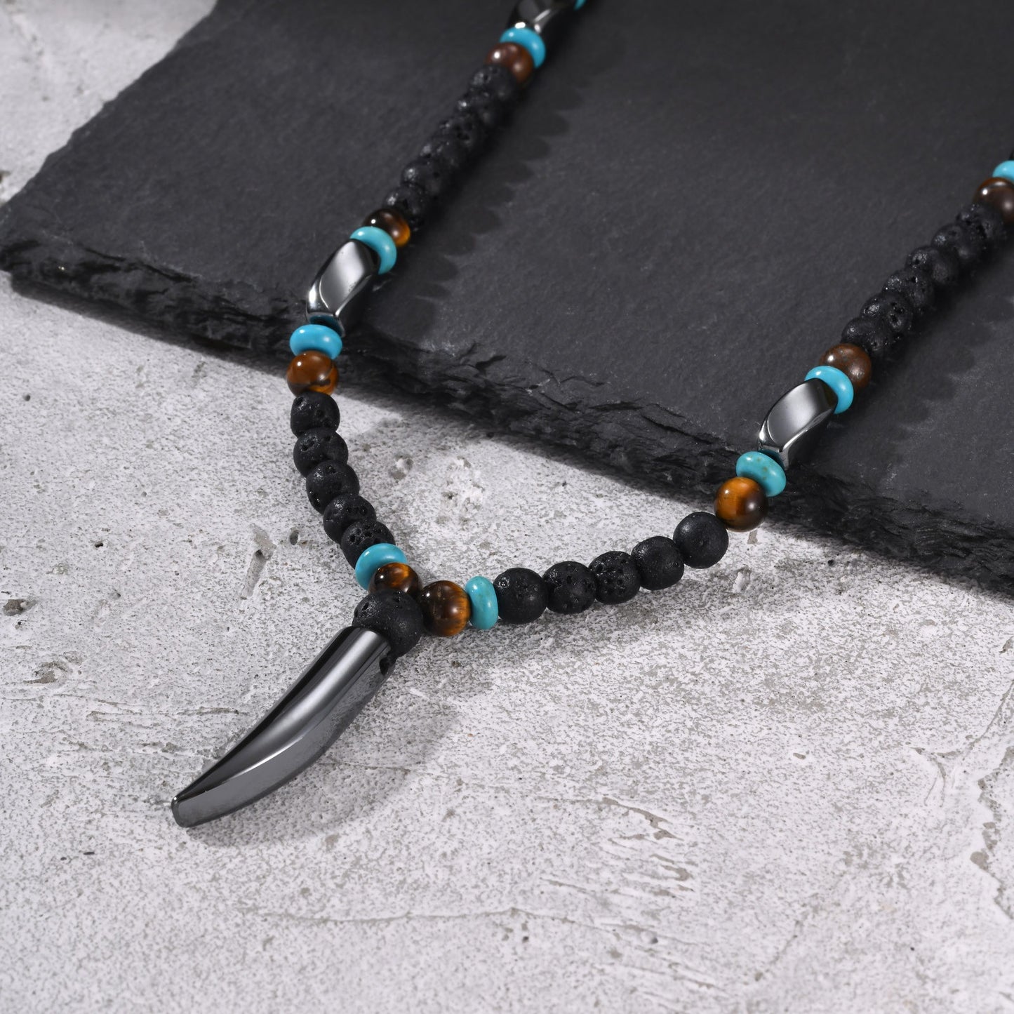 Kemston Wolf Fang Pendant Necklace for Men Stainless Steel Lava Stone Beaded NC-3019
