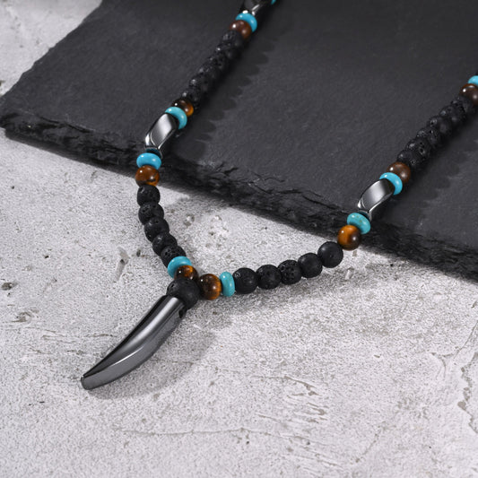 Kemston Wolf Fang Pendant Necklace for Men Stainless Steel Lava Stone Beaded NC-3019