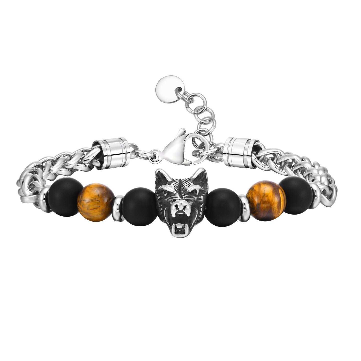 Kemstone Wolf Head Bracelet for Men Stainless Steel Tiger Eye Bead Bracelet BR-1904