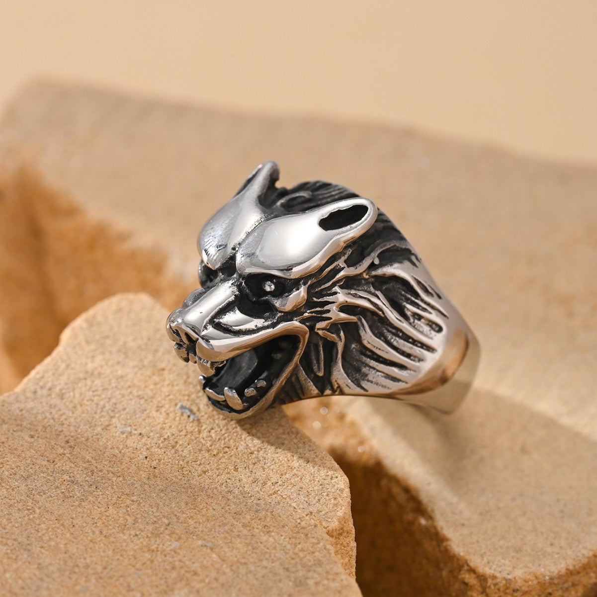 Kemston Stainless Steel Wolf Head Ring for Men Vintage TR0411
