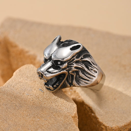 Kemston Stainless Steel Wolf Head Ring for Men Vintage TR0411