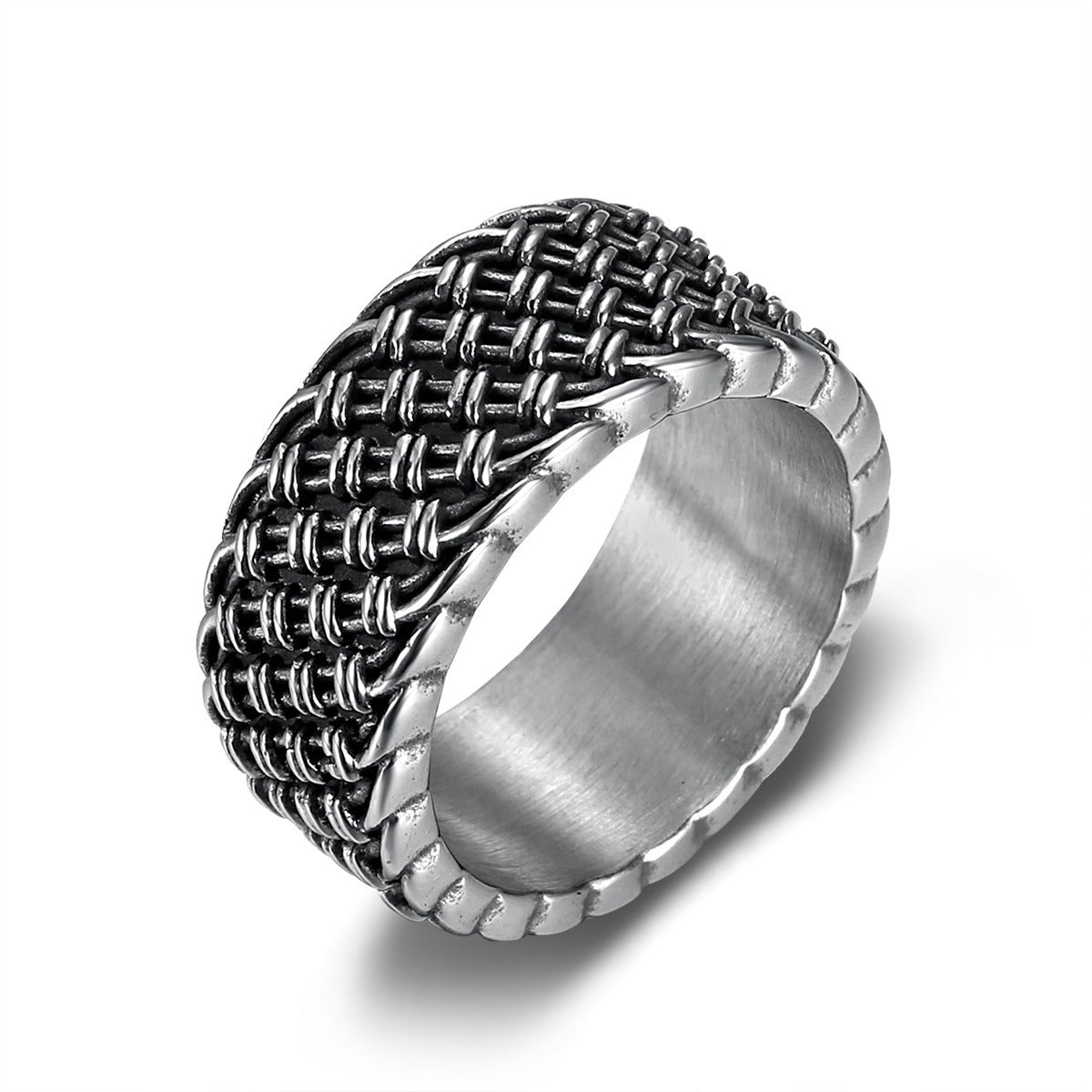 Kemstone Stainless Steel Woven Ring for Men – Vintage Punk Wide Design TR0457