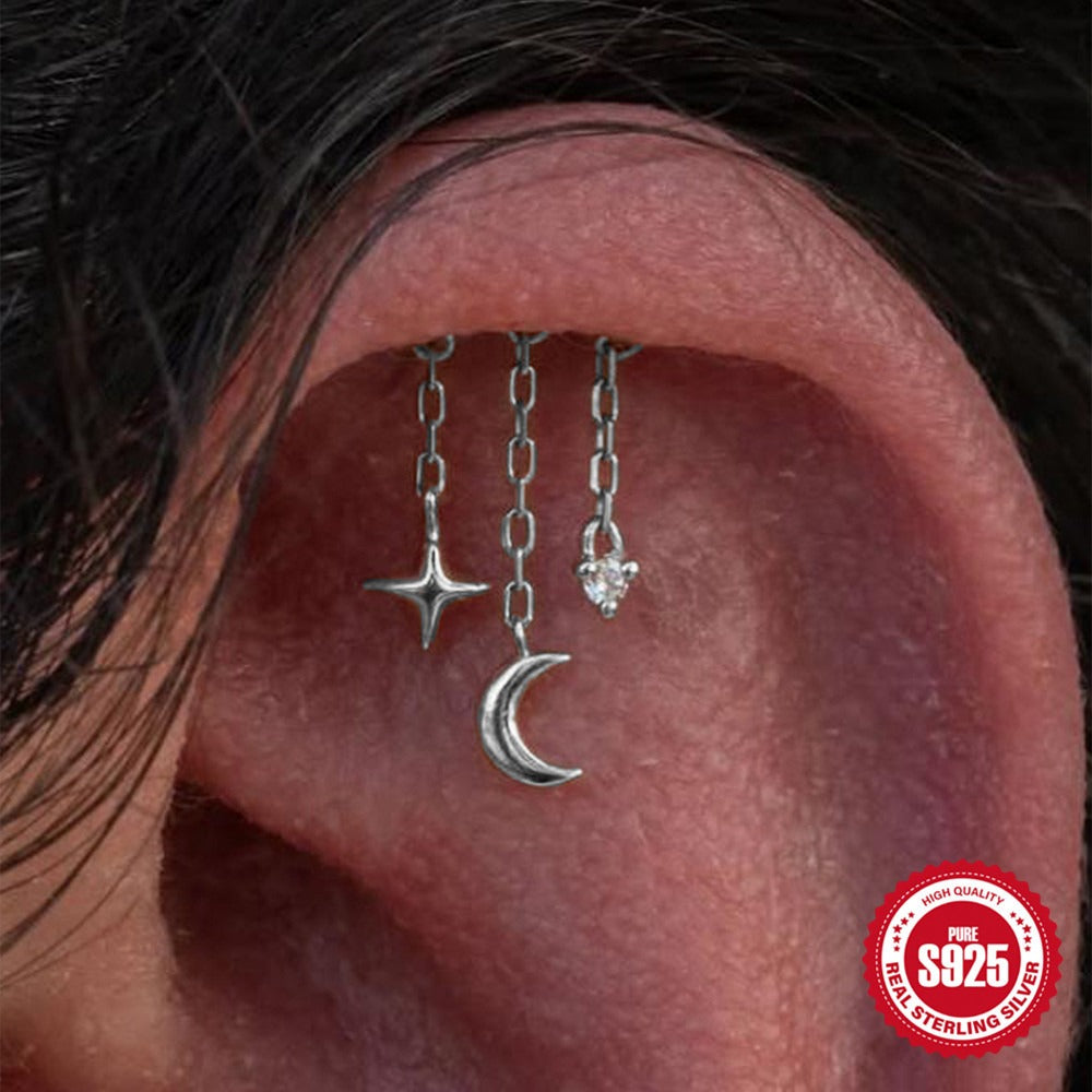 Kemstone 925 Sterling Silver Star Moon Tassel Cartilage Stud for Women Cubic Zirconia Flat Back Earring 60259399681