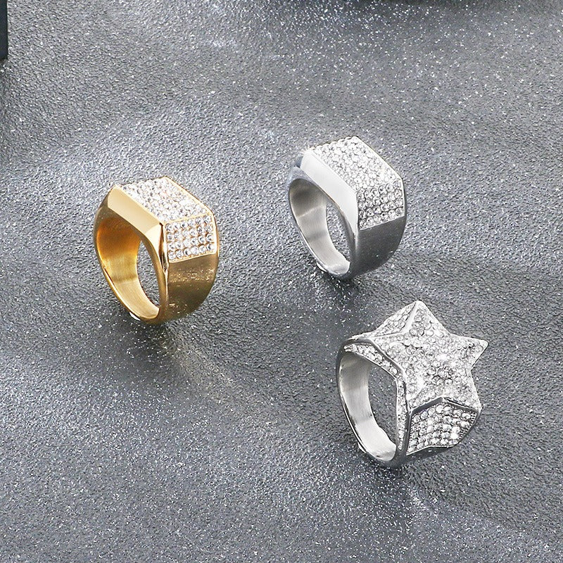 Kemstone Iced Signet Ring Titanium Steel Square Star Rhinestone Hip Hop for Men KR114477-MZOZ