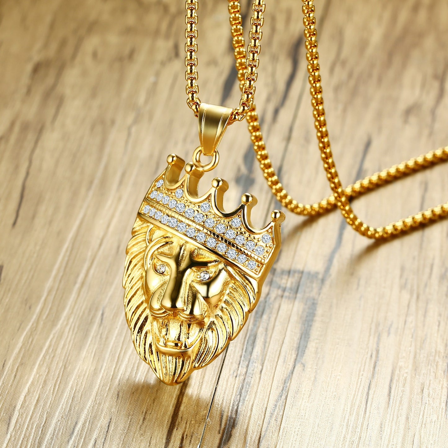 Kemstone Lion Head Pendant Necklace for Men Stainless Steel Gold Plated Crown Detail PN-1028