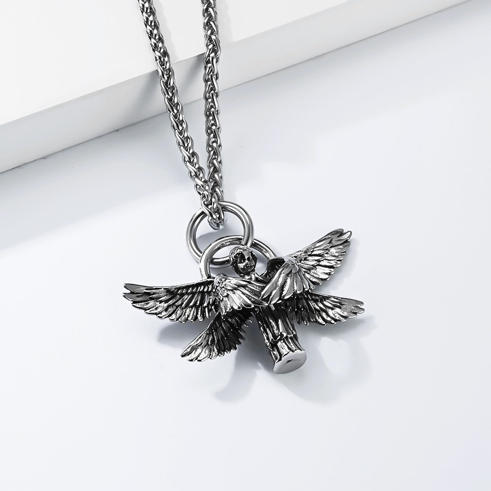 Kemstone Winged Figure Necklace for Men Stainless Steel Detailed Wing Chain Silver Gold K-PT709