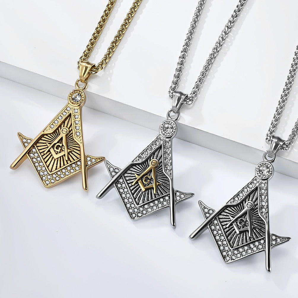 Kemstone Geometric Compass Pendant Necklace for Men Stainless Steel Stone Detail K-PT717