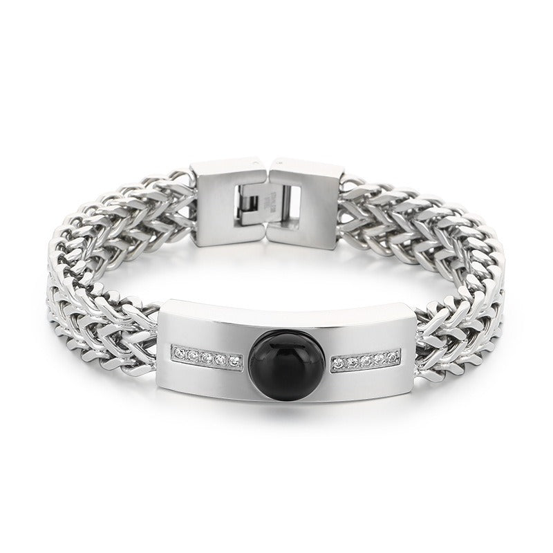 Kemstone Titanium Steel ID Bar Bracelet for Men Stone Inlay Braided Chain KB212795-KFC