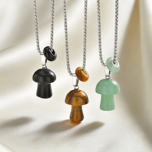 Kemstone Mushroom Pendant Necklace Natural Stone Stainless Steel for Men Women Aventurine Tiger Eye Obsidian NC2875