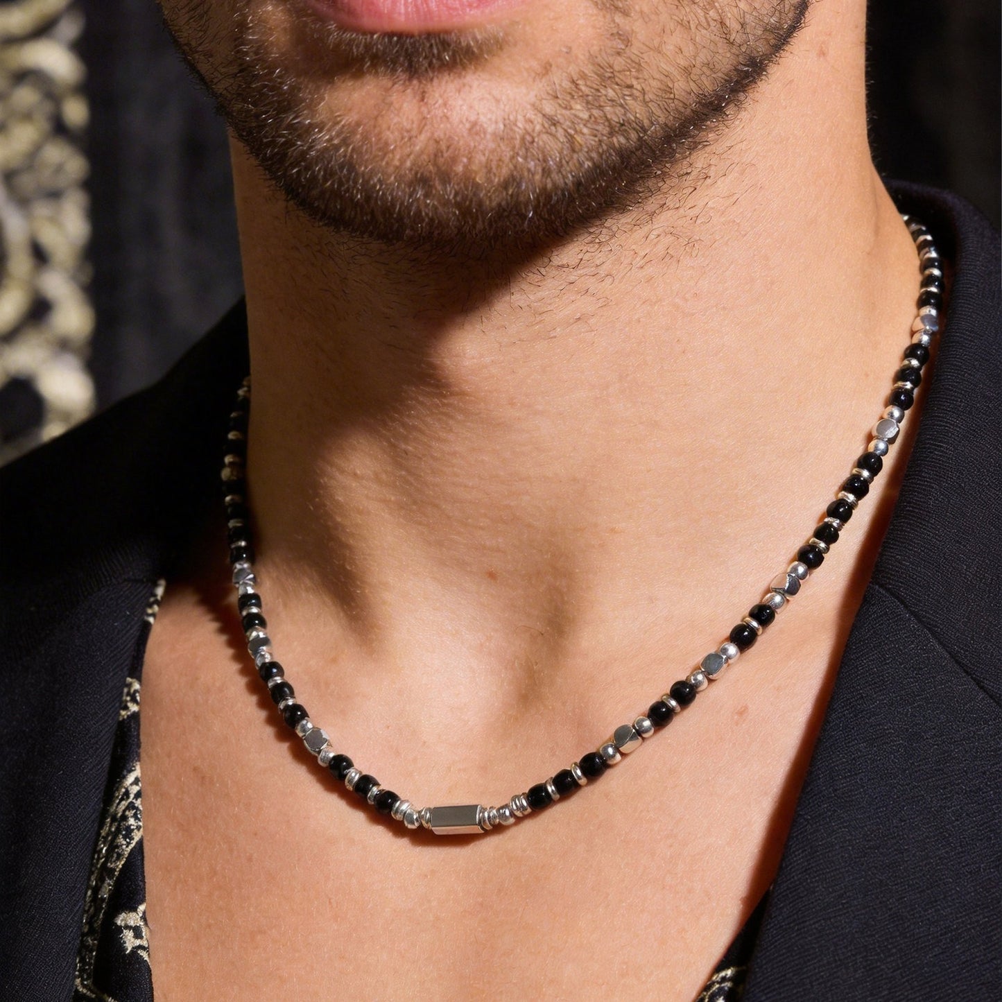 Kemstone Beaded Necklace Stainless Steel Bar Mixed Stone Malachite Turquoise for Men NC-2811