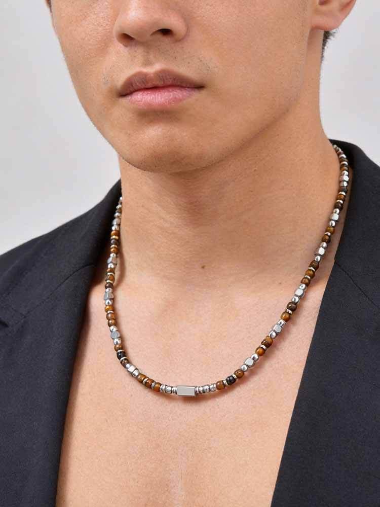 Kemstone Beaded Necklace Stainless Steel Bar Mixed Stone Malachite Turquoise for Men NC-2811
