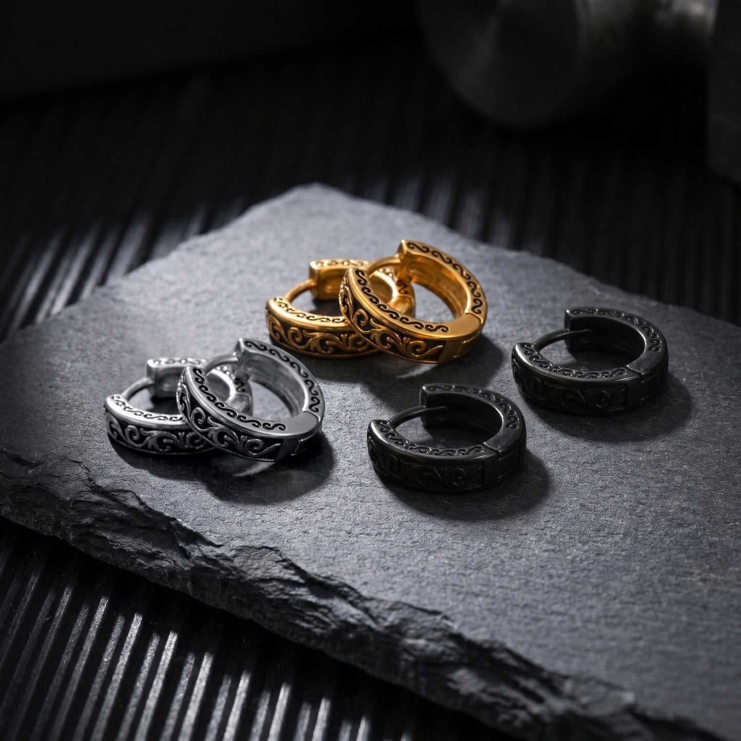 Kemstone Stainless Steel Engraved Hoop Earring for Men Women Vintage EH-839