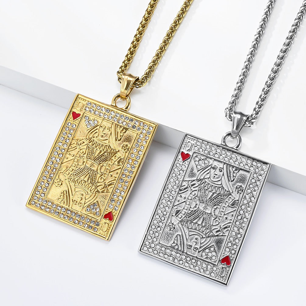 Kemstone Stainless Steel Playing Card Pendant Necklace for Men Women Iced Heart King K-PT719