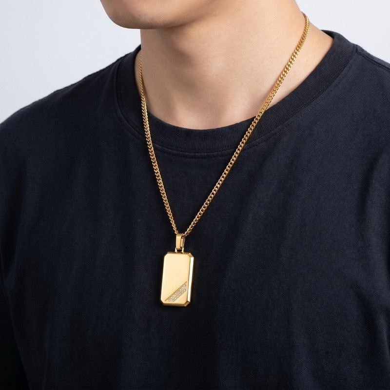 Kemstone Titanium Steel Tag Pendant Necklace for Men Angled Cubic Zirconia KN302396-KFC