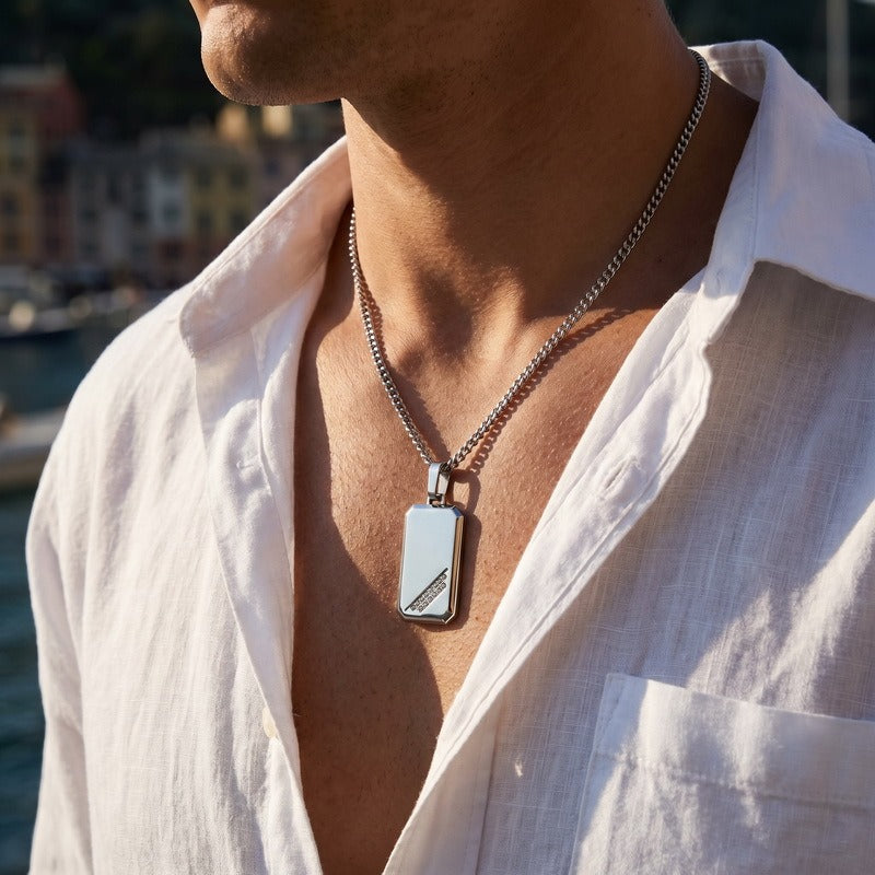 Kemstone Titanium Steel Tag Pendant Necklace for Men Angled Cubic Zirconia KN302396-KFC
