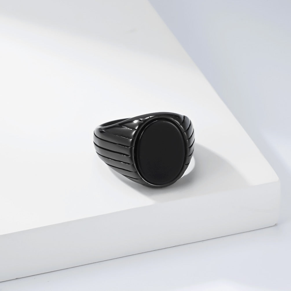 Kemstone Stainless Steel Black Stone Signet Ring for Men – Modern Masculine Oval Band K-R1175