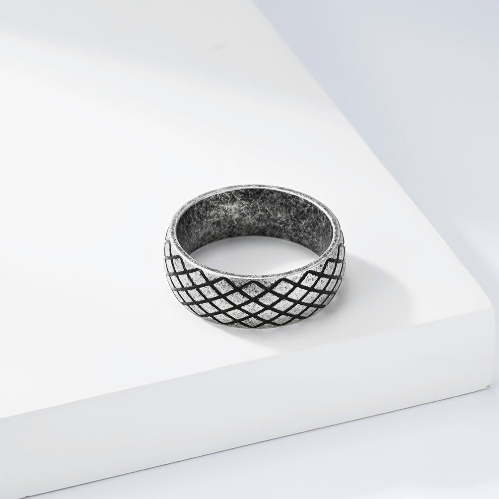 Kemstone Stainless Steel Geometric Grid Ring for Men 8mm Vintage Textured Pattern K-R1183