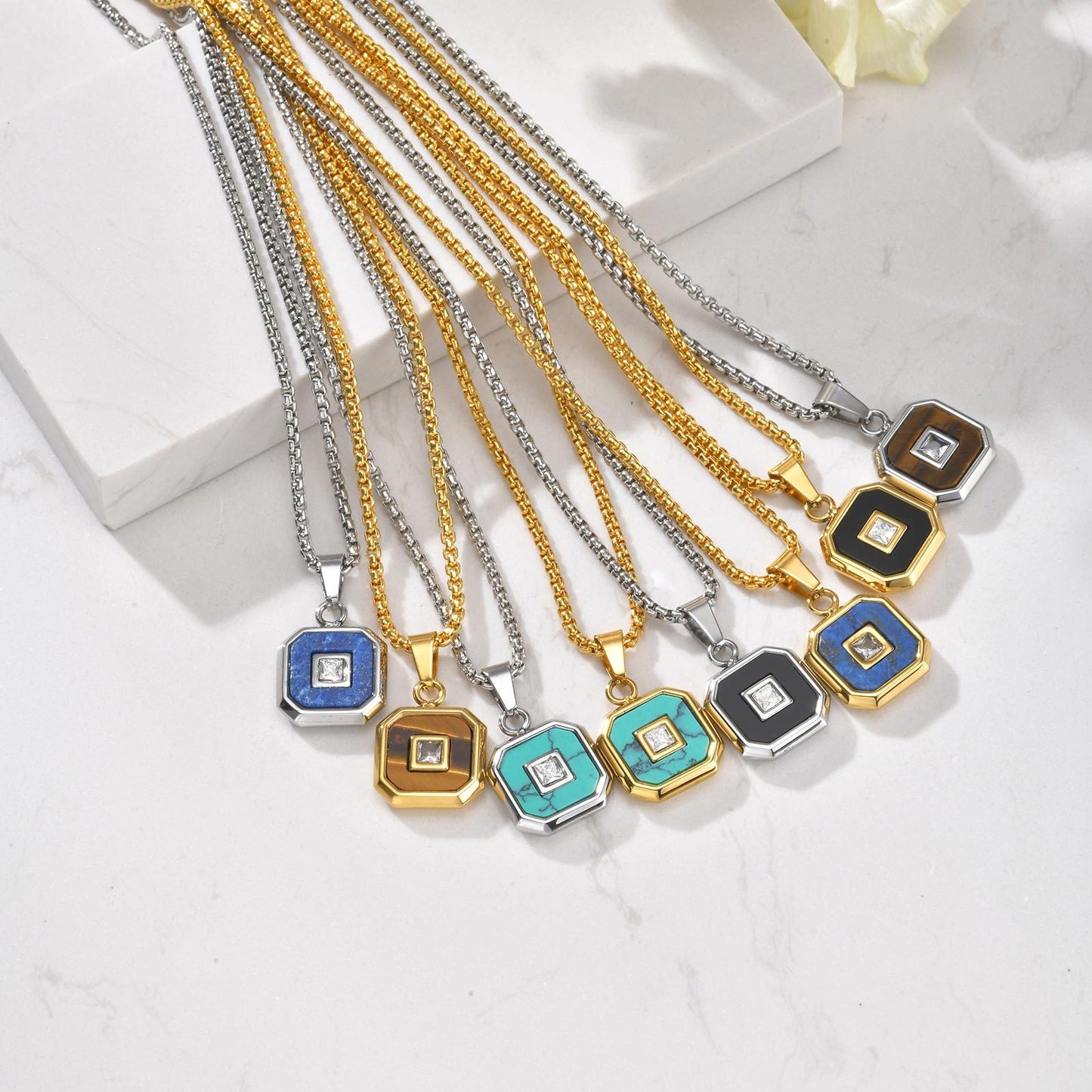 Kemstone Men’s Stainless Steel Lapis Lazuli Cubic Zirconia Pendant Necklace – Gold Silver Black PN-2074