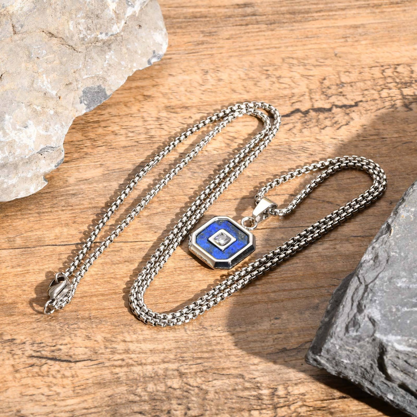 Kemstone Men’s Stainless Steel Lapis Lazuli Cubic Zirconia Pendant Necklace – Gold Silver Black PN-2074