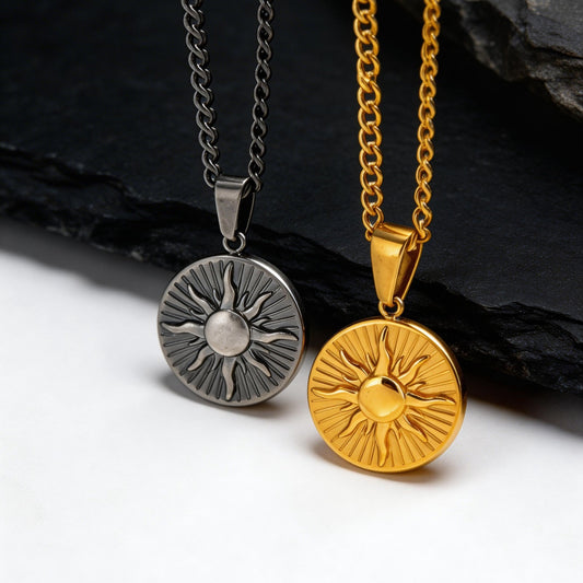 Kemstone Stainless Steel Sun Pendant Necklace for Men Round Disc Gold Silver PN-2306
