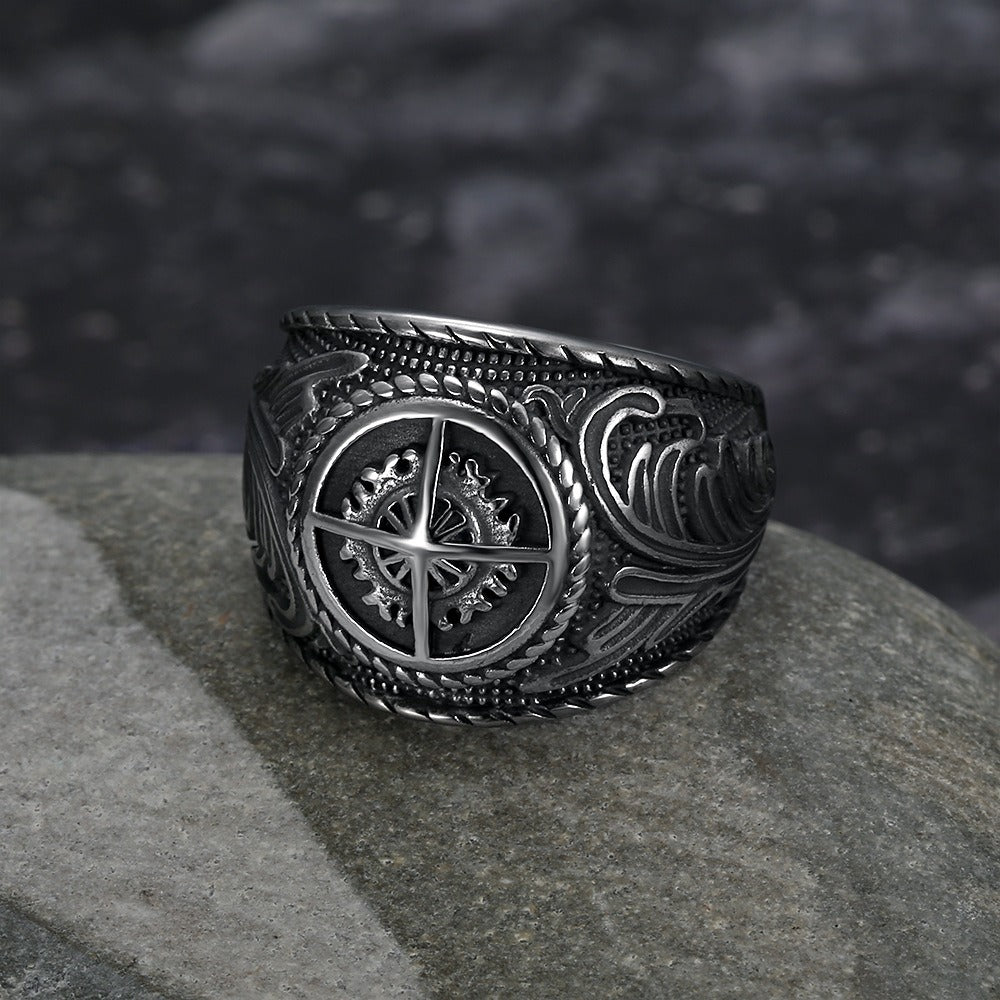 Kemstone  Stainless Steel Vintage Compass Ring for Men Sunburst Design TR0412