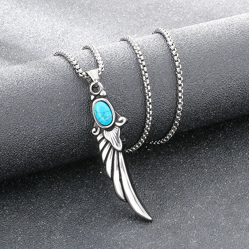 Kemstone Turquoise Pendant Necklace Titanium Steel Feather Eye Symbol Design for Men KP117748-LU