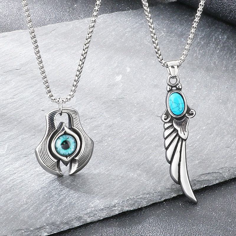 Kemstone Turquoise Pendant Necklace Titanium Steel Feather Eye Symbol Design for Men KP117748-LU