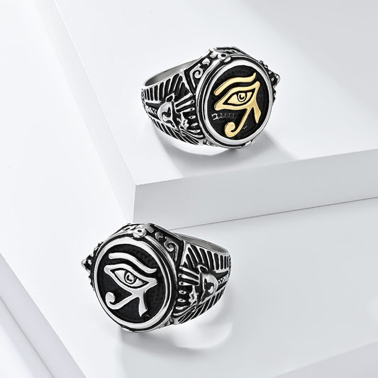 Kemstone Eye Signet Ring for Men Titanium Steel Egyptian Symbol Vintage Silver or Gold Tone K-R809