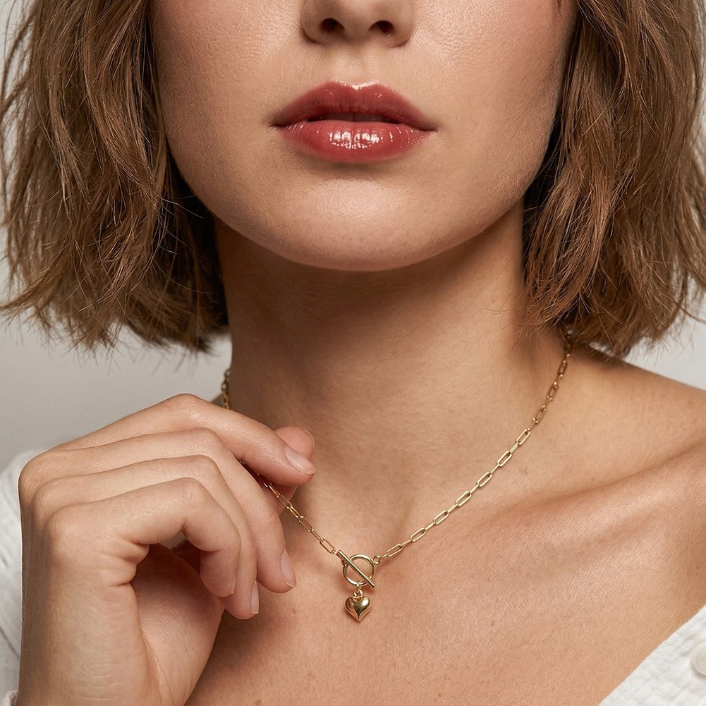 Kemstone Toggle Clasp Necklace for Women 925 Sterling Silver Chain with Heart Charm Gold Silver SC97