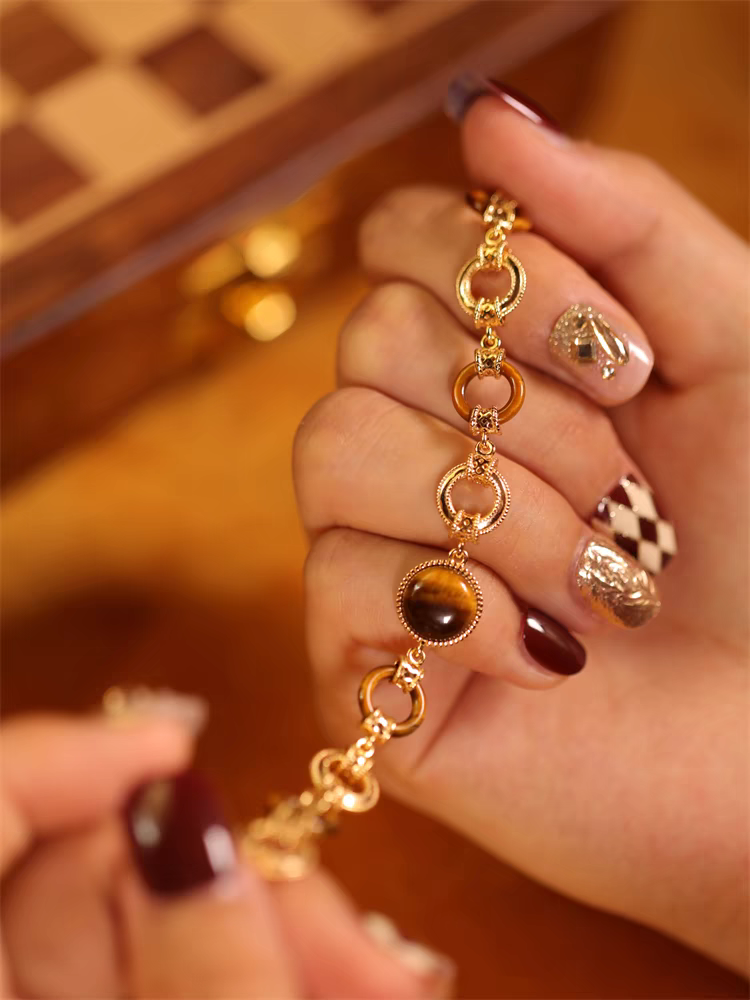Kemstone Handcrafted Original Design Luminous Tiger's Eye Bracelet - Vintage Design, 925 Sterling Silver with Gold Plating, Adjustable 140mm-180mm